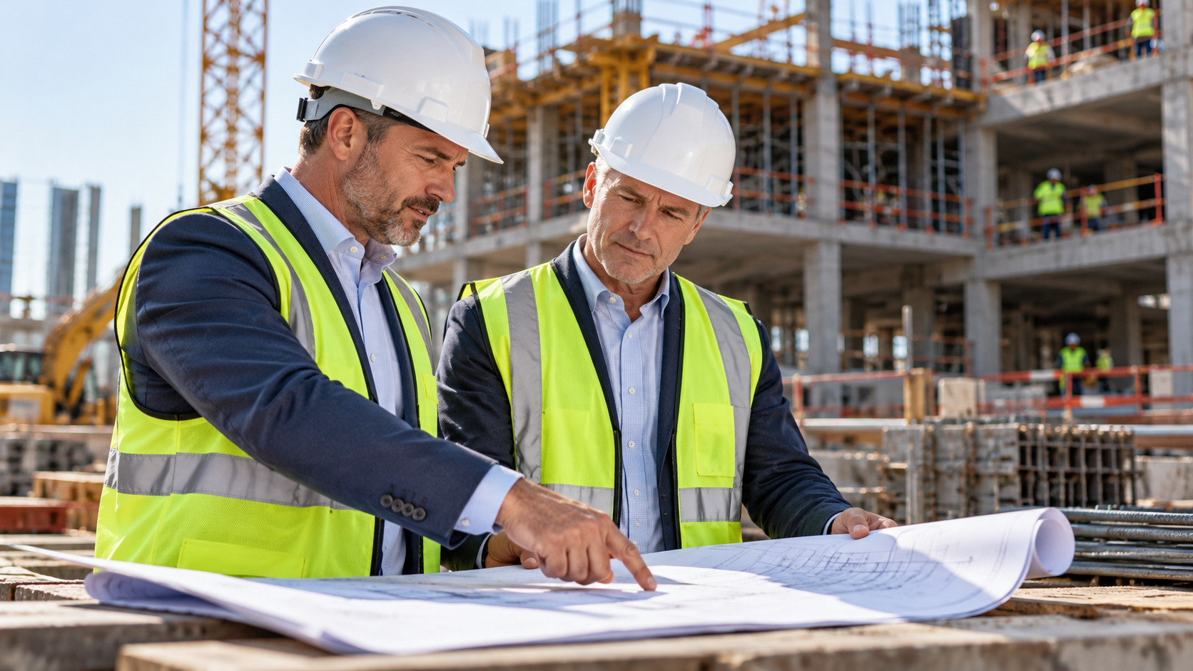 White construction supervisors reviewing project drawings on an active construction site