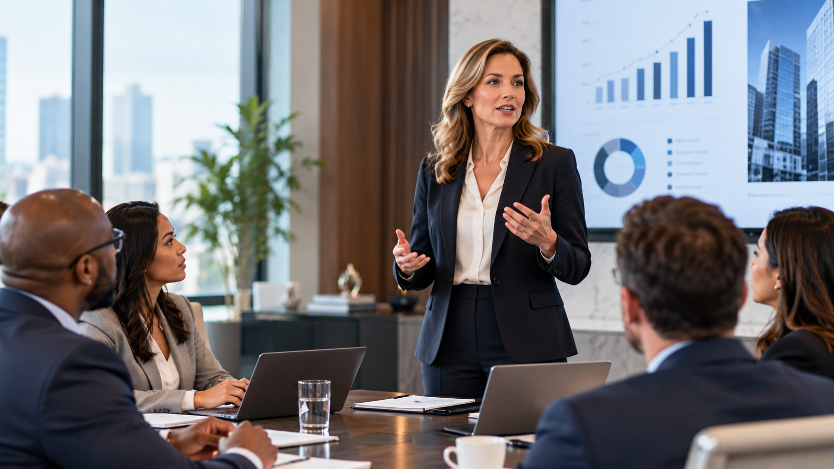 White female executive presenting to colleagues at a financial institution