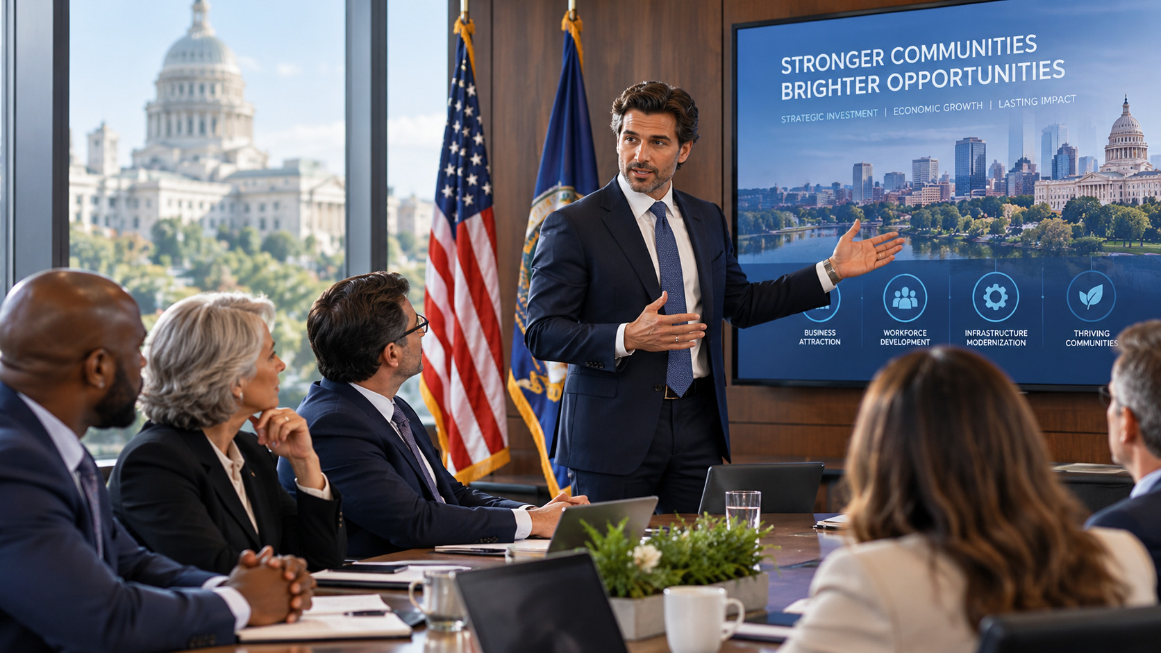 Italian-presenting male executive presenting economic development data to a group